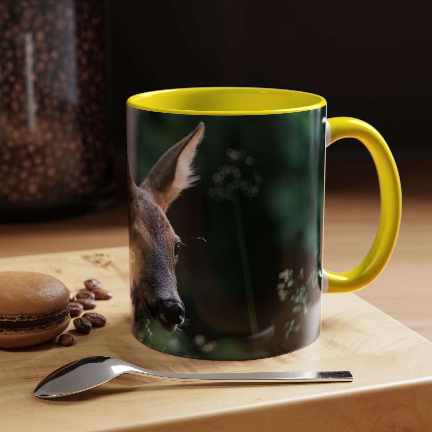 Mug with nature-inspired deer print and floral elements, perfect for women who love nature.