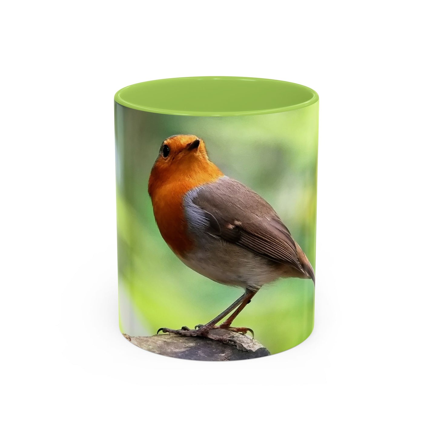 Stately Robin Ceramic Mug 325ml with Light Green handle and interior — robin photo on white ceramic.