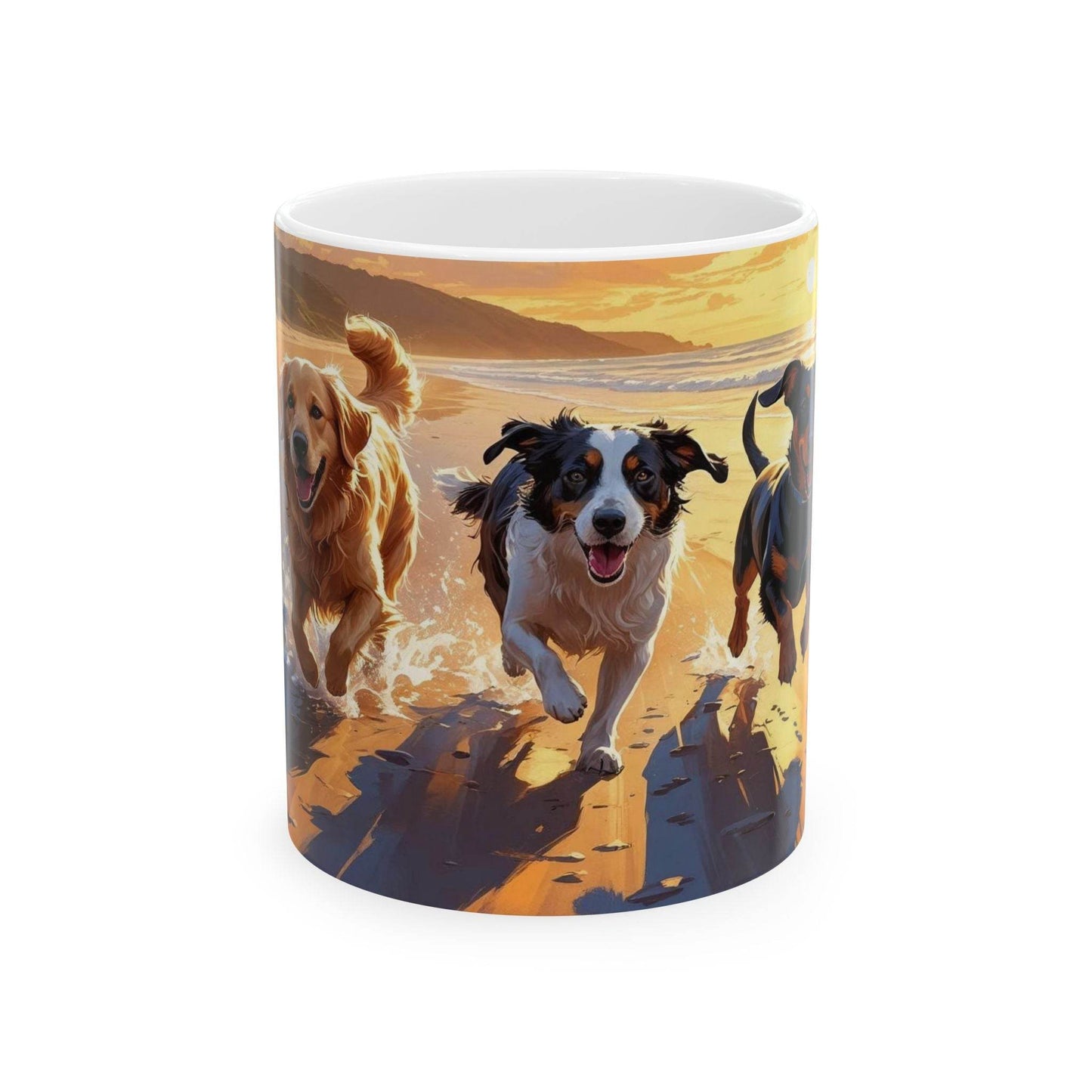 Mug - Running Dogs on the Beach at Sunset Ceramic Coffee Cup - A Pretty Print
