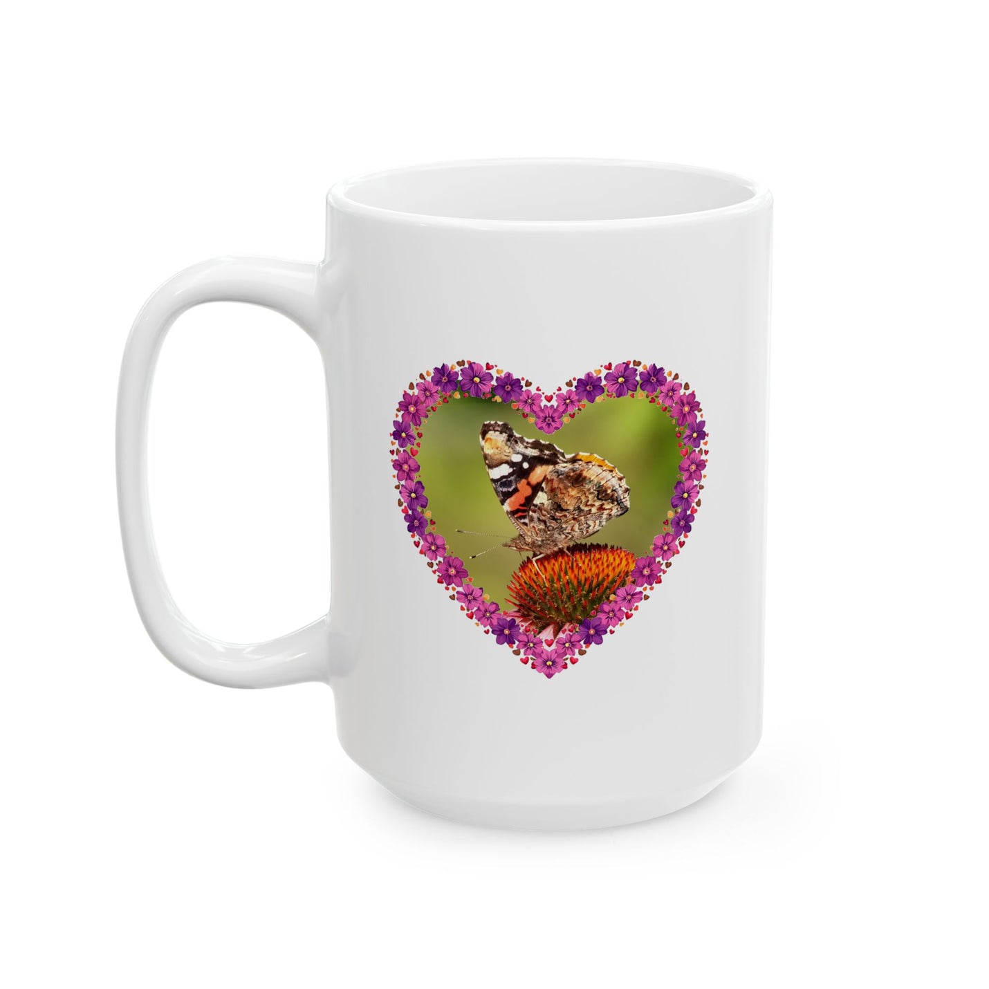 Large 15oz Heart Flower Frame Butterfly Ceramic Mug on a rustic wooden table showcasing detailed butterfly art.