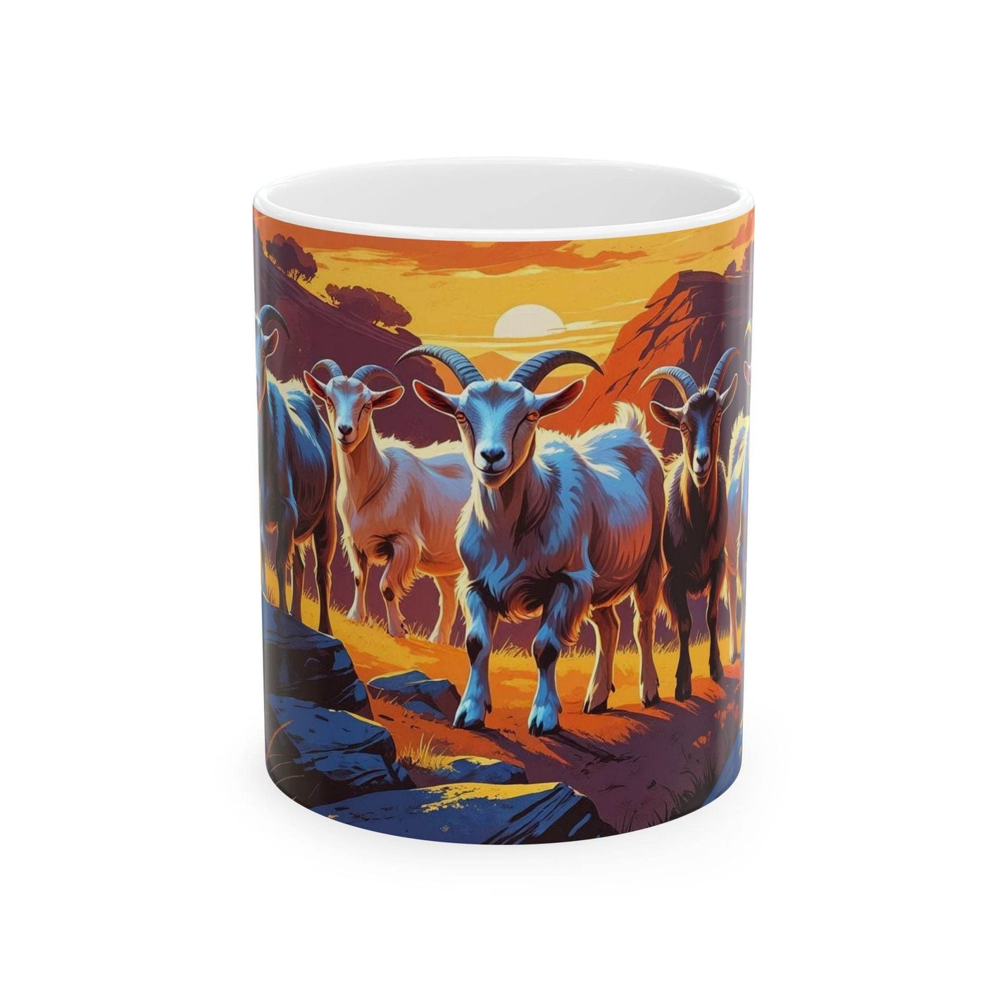 Rustic 11oz alpine Mug Goats in the Mountains Ceramic Coffee Mug standing beautifully next to fresh green indoor plants.