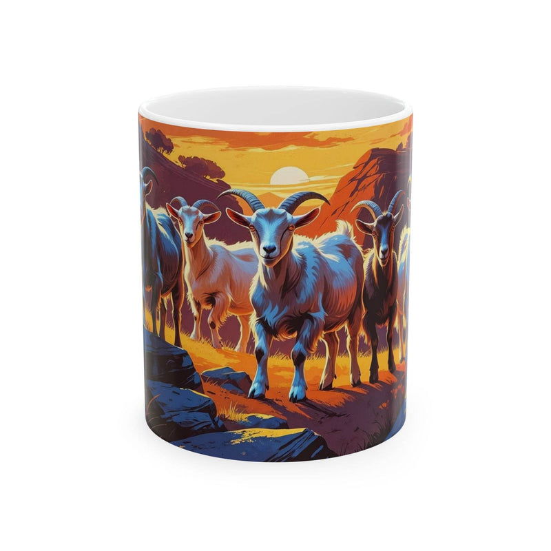 Rustic 11oz alpine Mug Goats in the Mountains Ceramic Coffee Mug standing beautifully next to fresh green indoor plants.