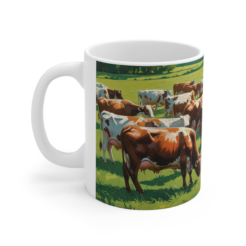 Charmanter 325ml Keramik-Kaffeebecher mit einem rustikalen Motiv grasender Kühe auf der Weide für gemütliche Morgenstunden.
