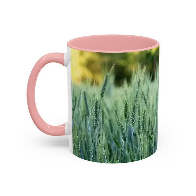 Nature inspired 11oz Mug - Wheat Field Design Coffee Mug with a pink handle and pink inside on a bright tabletop.