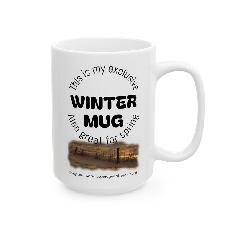 Sturdy 15oz white Summer | Winter Mug, Ceramic Coffee Mug next to minimalist nature inspired home decor.