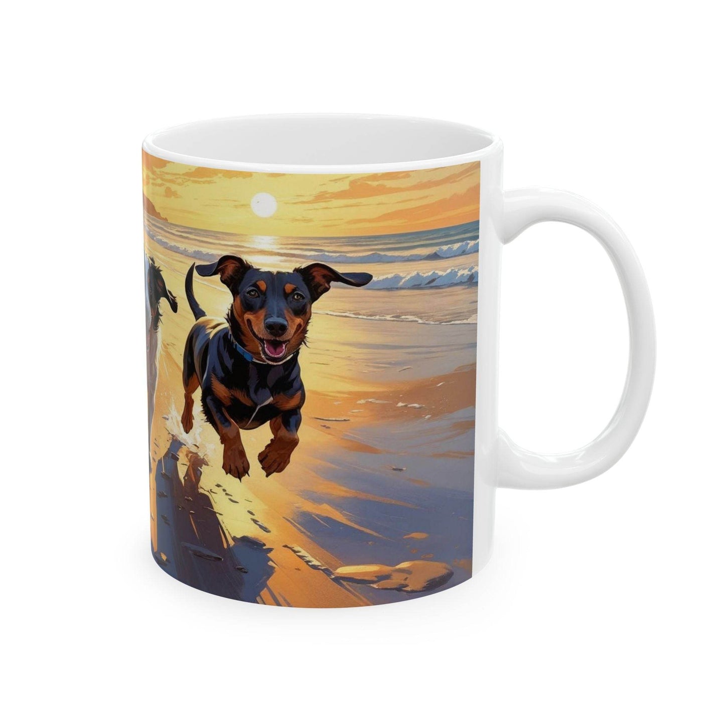 Mug - Running Dogs on the Beach at Sunset Ceramic Coffee Cup - A Pretty Print