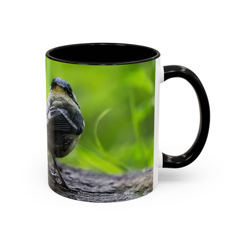 Premium 325ml coal tit nature photo mug featuring a black handle and black inside.