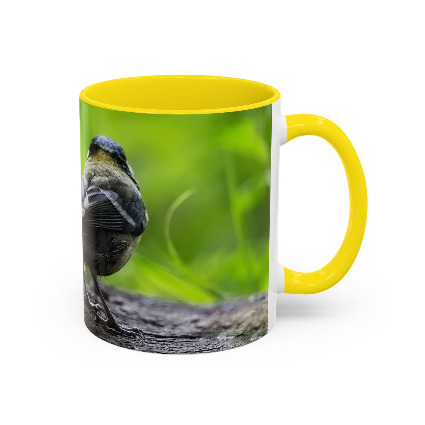 Premium 325ml coal tit nature photo mug featuring a yellow handle and yellow inside.