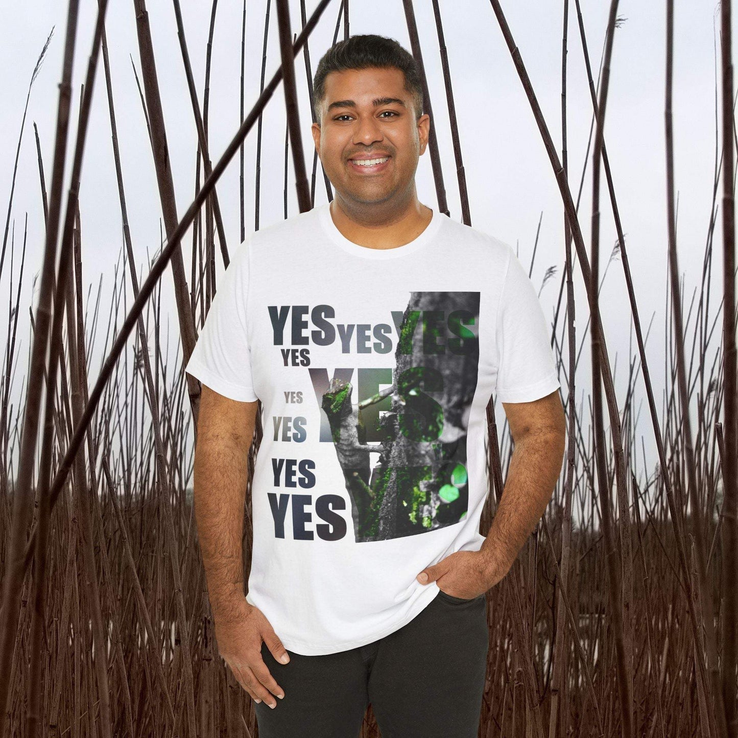 Diploderma Nature Print Unisex Tee with "Yes and No" graphic design, worn by a person in a natural setting.