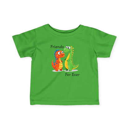 Infant green tee with "Dino Friends Forever" design, featuring colorful cartoon dinosaurs.