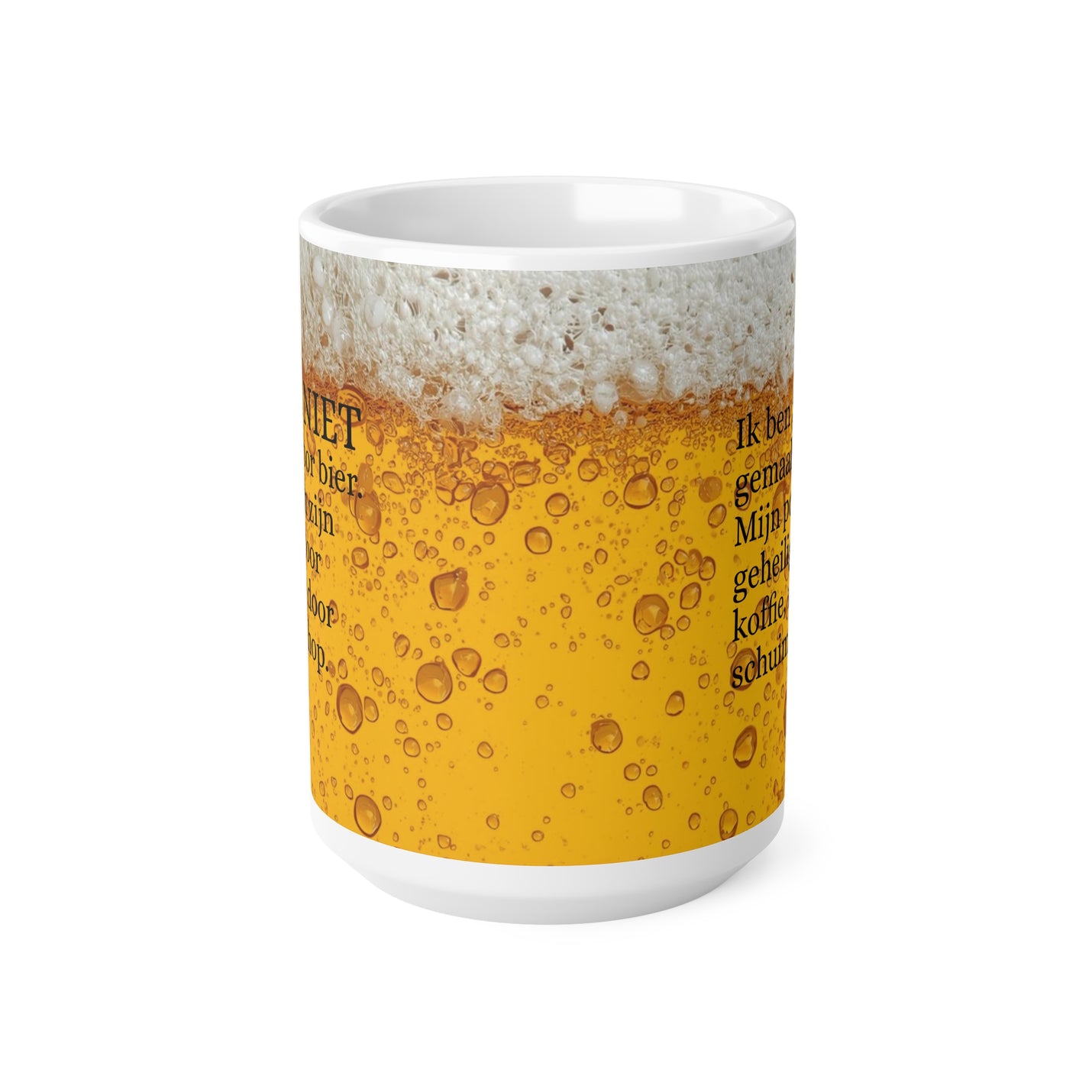 Durable 440ml glossy ceramic coffee mug decorated with a crisp beer foam and bubbly illustration for office and home routines.