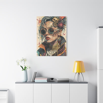 Steampunk Portrait Matte Canvas Art – Edgy Sunglassed Woman Wall Decor