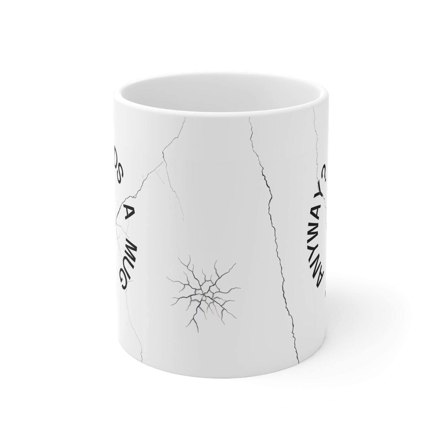 Funny 325ml ceramic mug with dark humor artwork showing a broken design cup and cheeky text for strong coffee lovers.