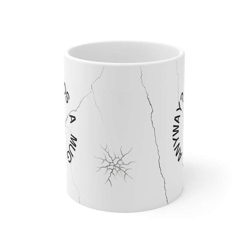 Funny 325ml ceramic mug with dark humor artwork showing a broken design cup and cheeky text for strong coffee lovers.