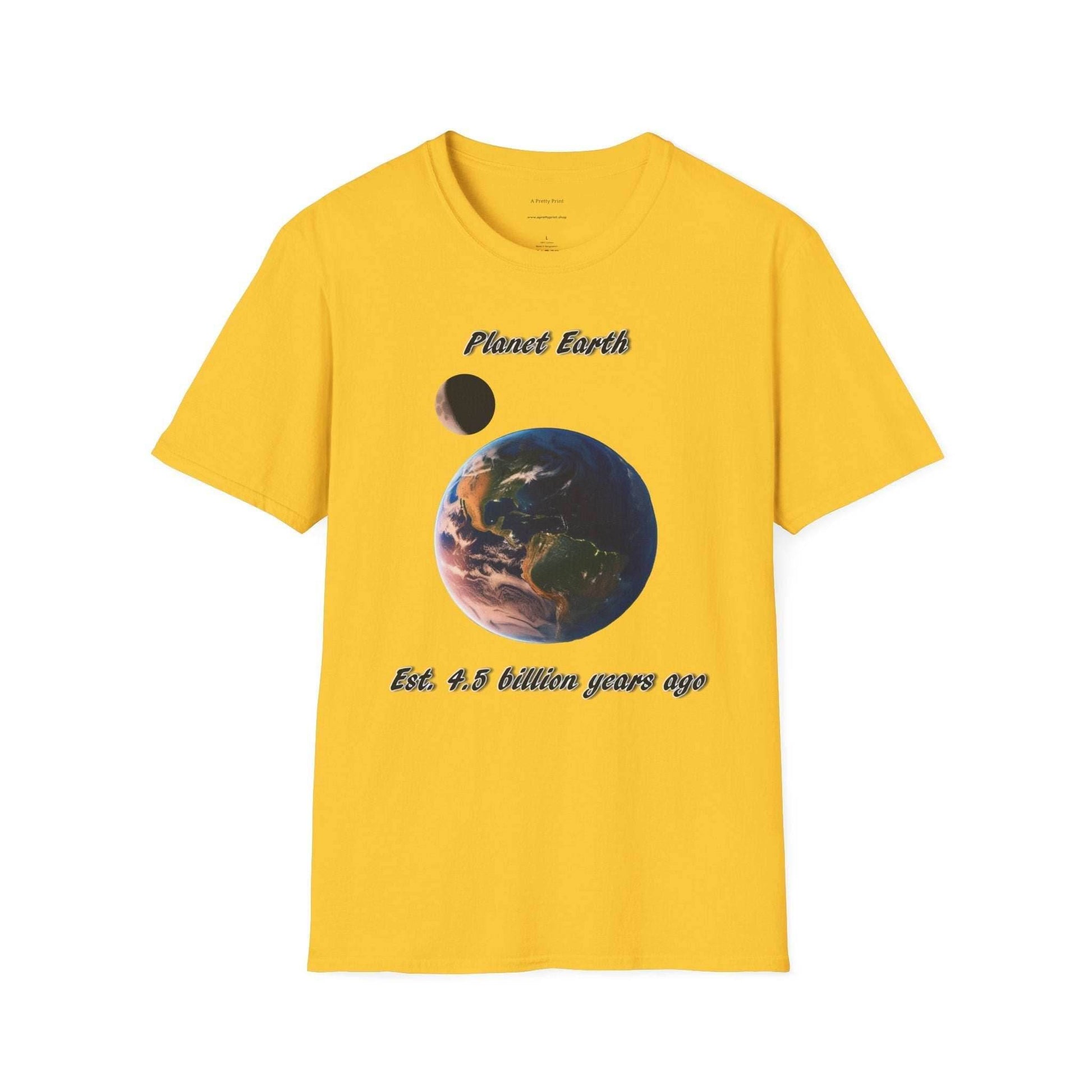 Eco-friendly Planet Earth graphic T-shirt in yellow, made from ring-spun cotton, ideal for nature lovers.