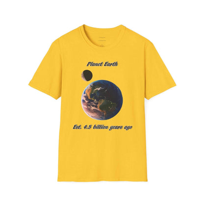 Eco-friendly Planet Earth graphic T-shirt in yellow, made from ring-spun cotton, ideal for nature lovers.