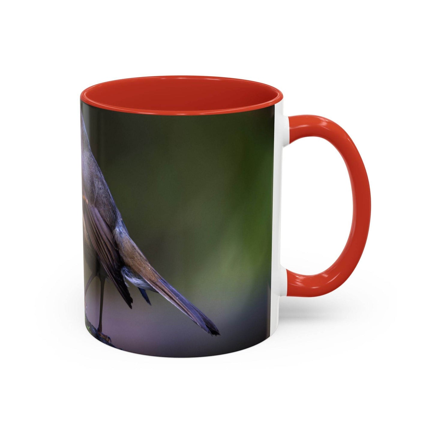Nature inspired 11oz robin mug featuring a contrast red handle and red inside, perfect bird lovers gift.