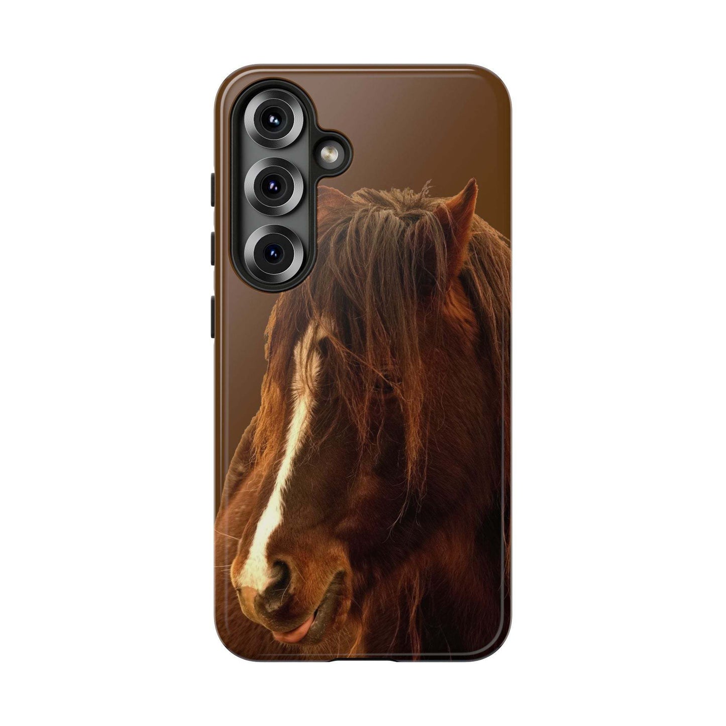 Protective phone case for horse lovers with horse design, UV protected, shock-absorbing, and compatible with wireless charging.
