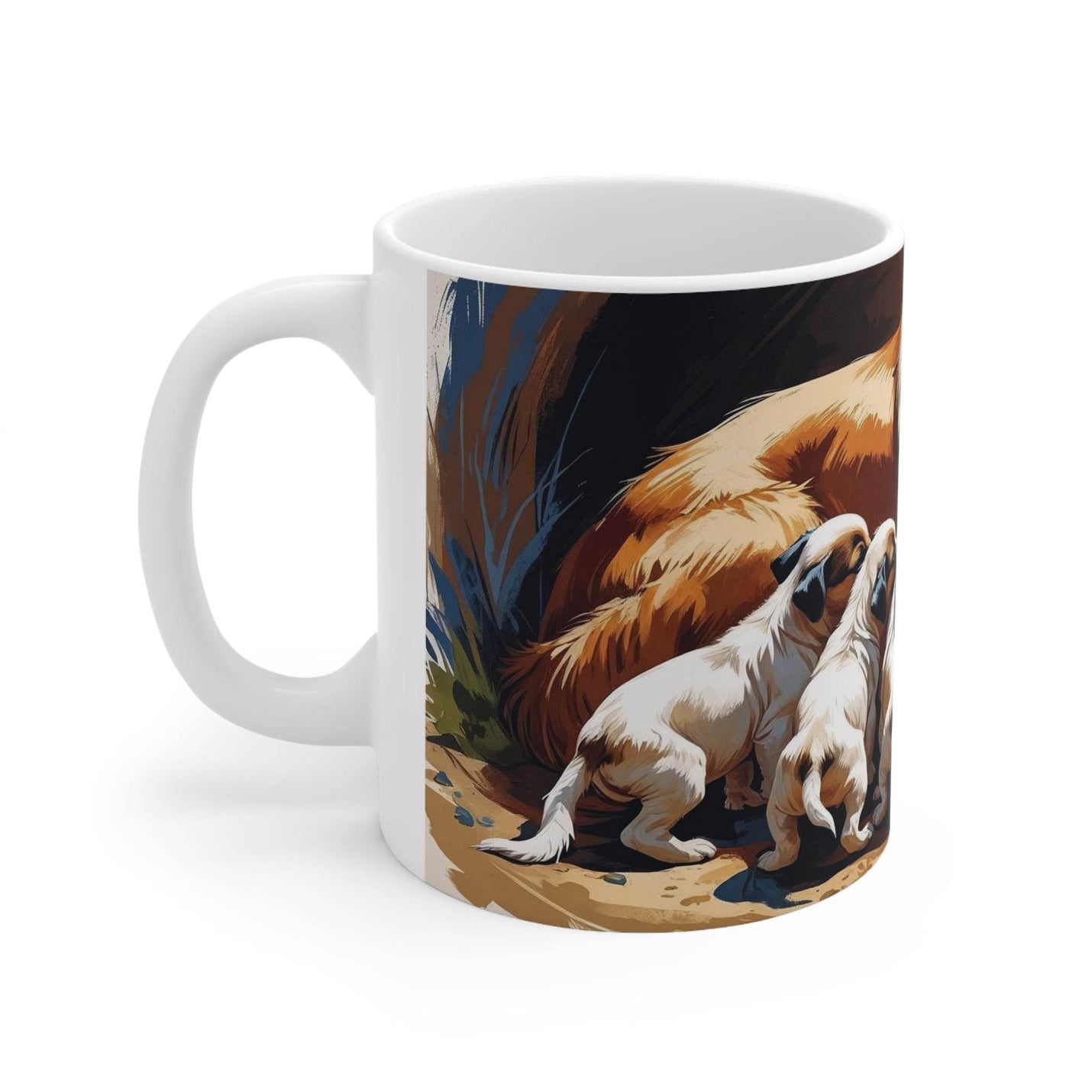 Weißer 325ml Becher aus Keramik mit einer süßen Hund mit Welpen Illustration als herzerwärmendes Geschenk für Hundefans.