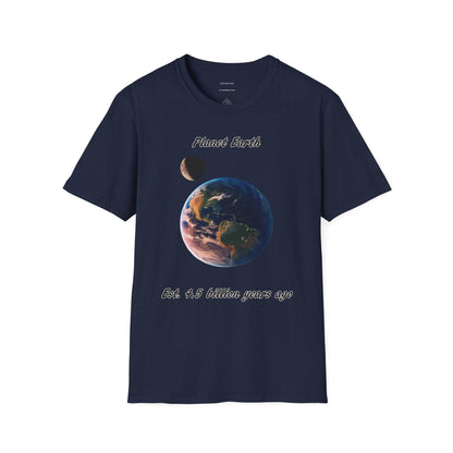 Eco-friendly Planet Earth Graphic T-Shirt for nature lovers, featuring Earth Day design on navy blue cotton fabric.