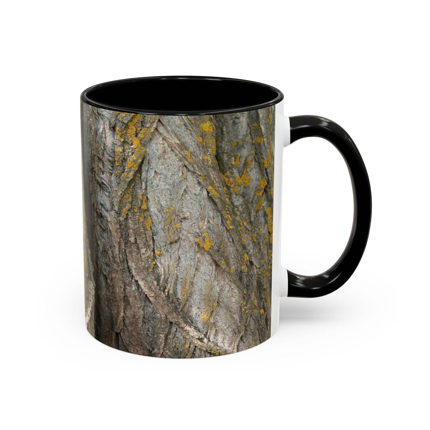 Premium 11oz Coffee Mug - Tree Trunk Design on a breakfast tray, featuring a black handle and black inside.