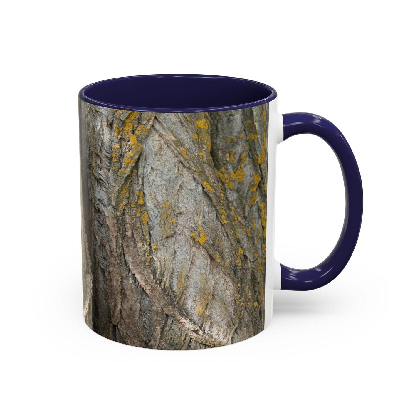 Premium 11oz Coffee Mug - Tree Trunk Design on a rustic shelf, featuring a navy handle and navy inside.