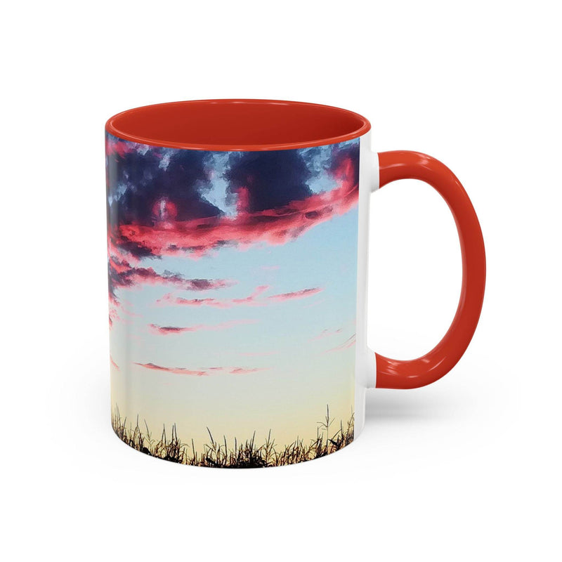 Lebendiger 325ml Sonnenuntergang Keramik-Becher, ideal fürs Homeoffice, mit rotem Henkel und roter Innenseite.
