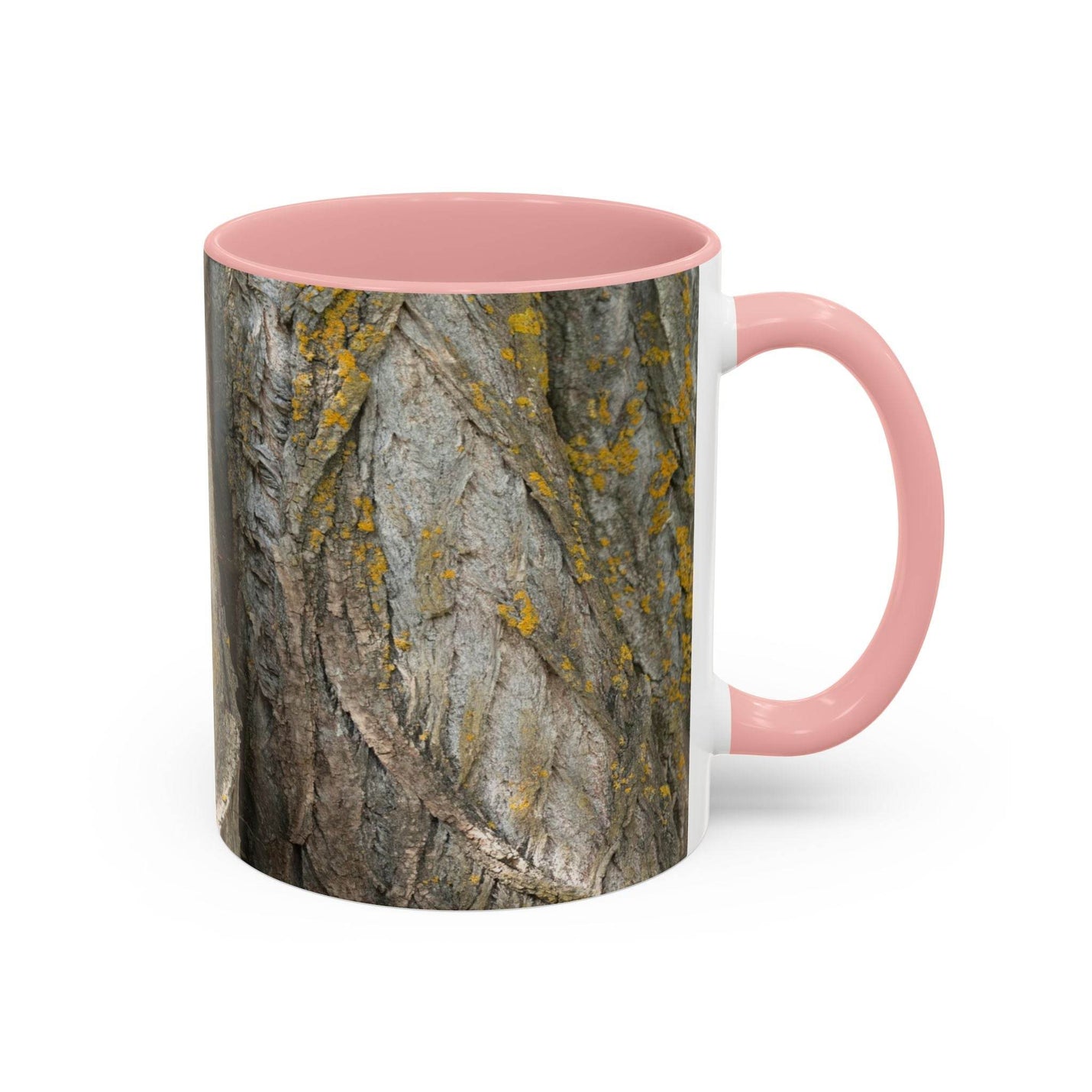 Premium 11oz Coffee Mug - Tree Trunk Design for tea time, featuring a pink handle and pink inside.