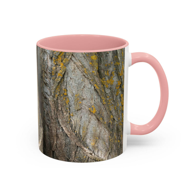 Premium 11oz Coffee Mug - Tree Trunk Design for tea time, featuring a pink handle and pink inside.