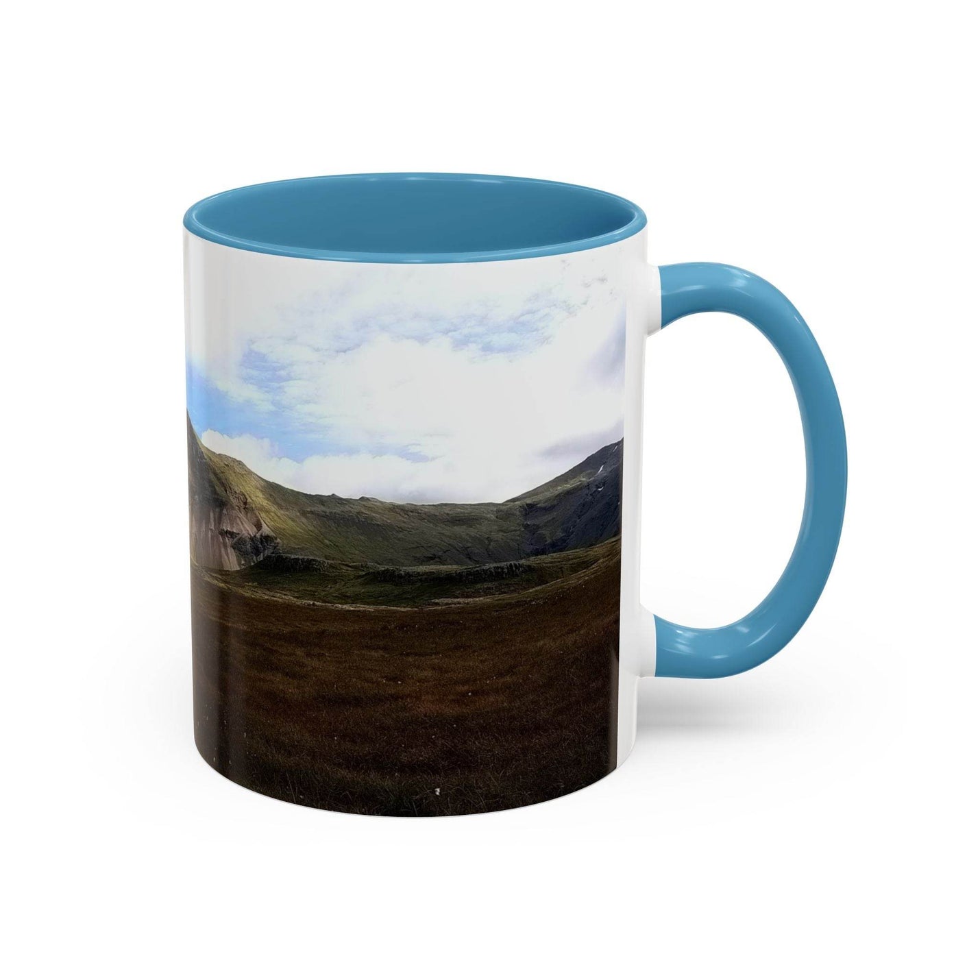 Premium 11oz nature Coffee Mug - Iceland Scenery showing the light blue handle and light blue inside.