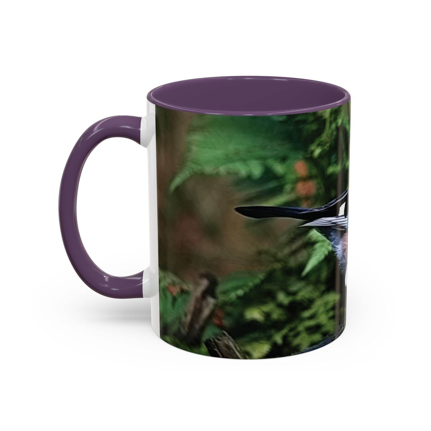 Vogelliebhaber Becher 325ml mit buntem Eichelhäher und lila Griff.