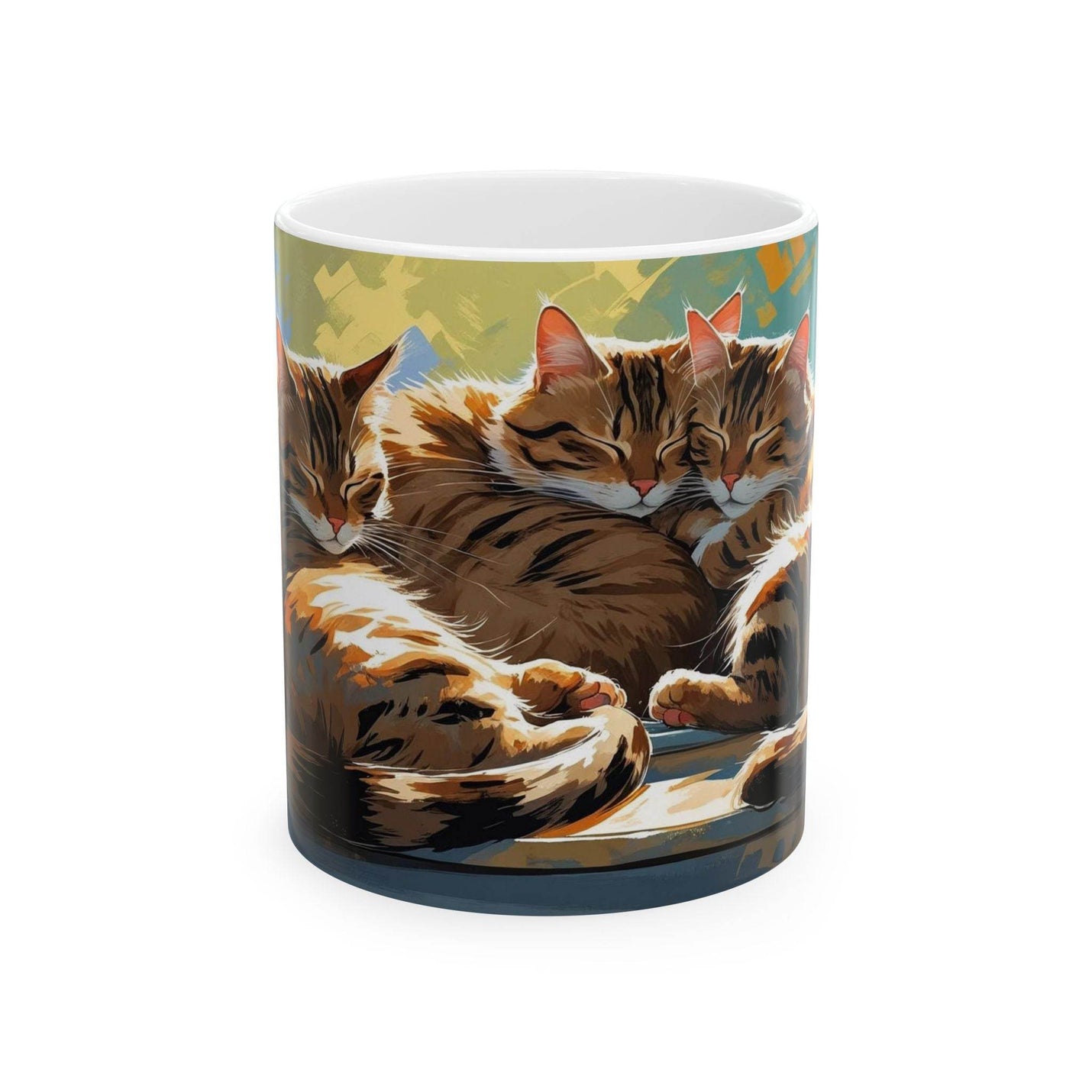 Heartwarming 11oz Mug - Three Cats Sleeping on a Windowsill Ceramic Coffee Mug standing beautifully next to green indoor plants.