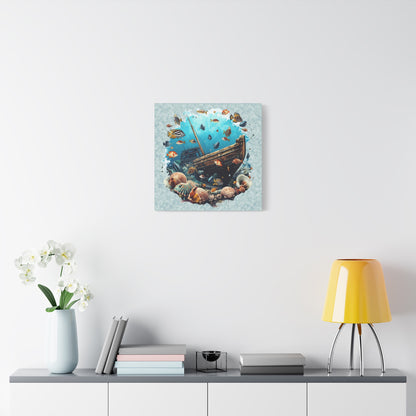 Sunken Ship Ocean Canvas Wall Art — Underwater Fish & Seashell Print