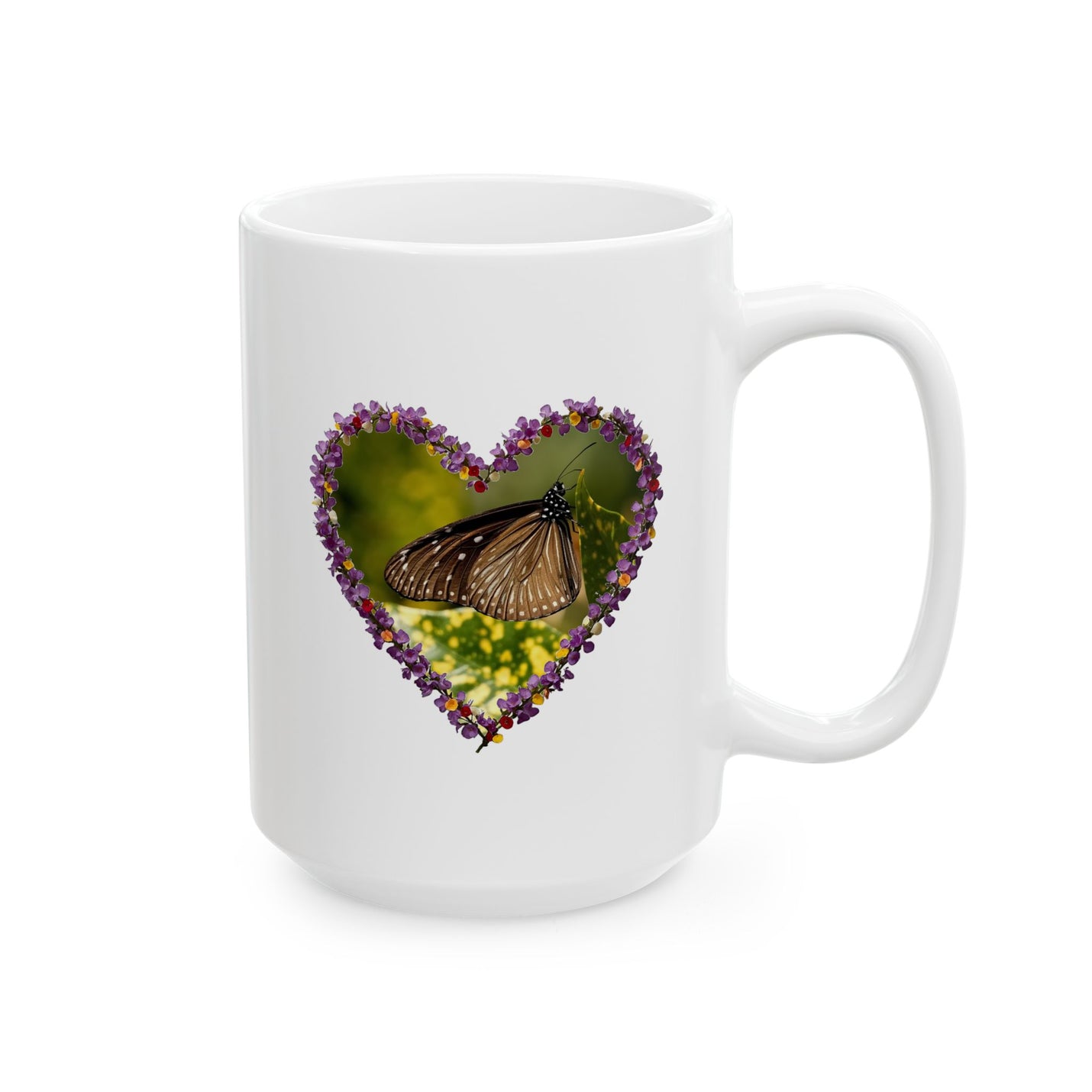 Glossy white 15oz floral heart frame ceramic cup showcasing a vibrant butterfly design for peaceful morning pauses.