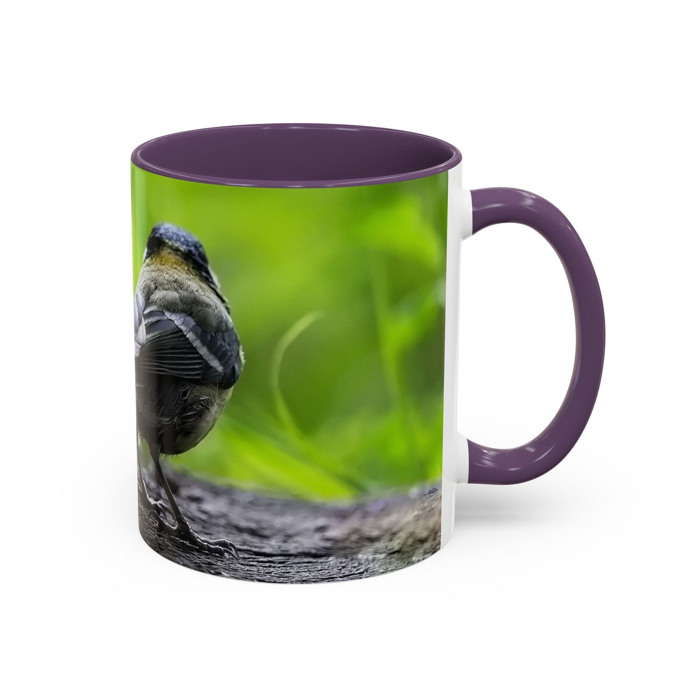 Premium 325ml coal tit nature photo mug featuring a purple handle and purple inside.