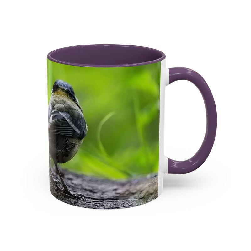 Premium 325ml coal tit nature photo mug featuring a purple handle and purple inside.