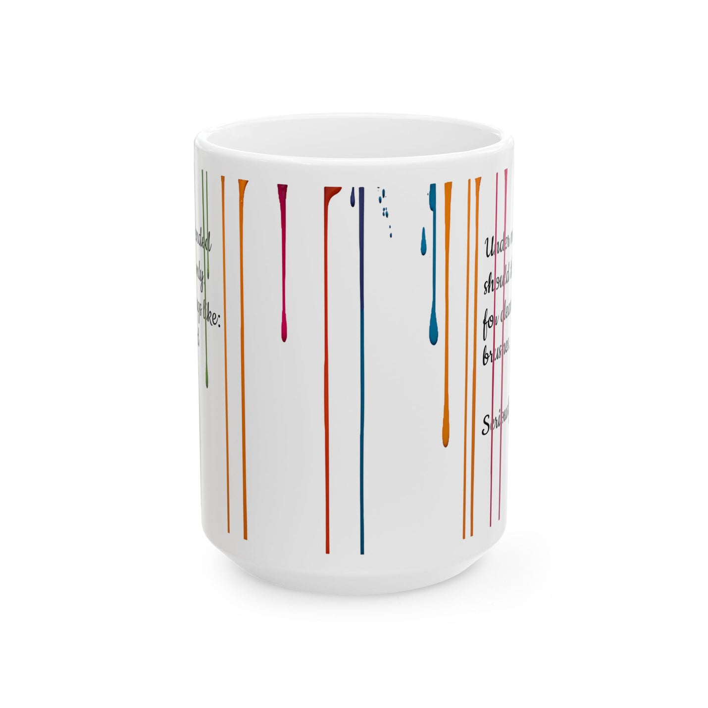 Premium 15oz Paint Drips Mug, Ceramic Coffee Cup held by hand during a slow, cozy weekend morning sip.