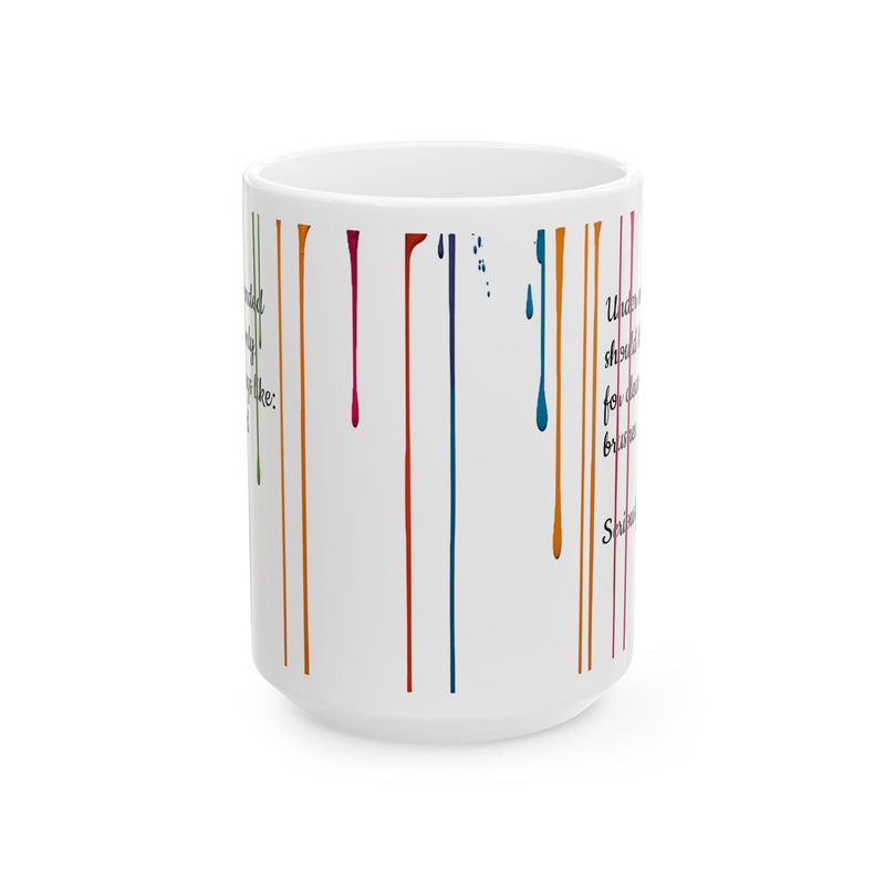 Premium 15oz Paint Drips Mug, Ceramic Coffee Cup held by hand during a slow, cozy weekend morning sip.