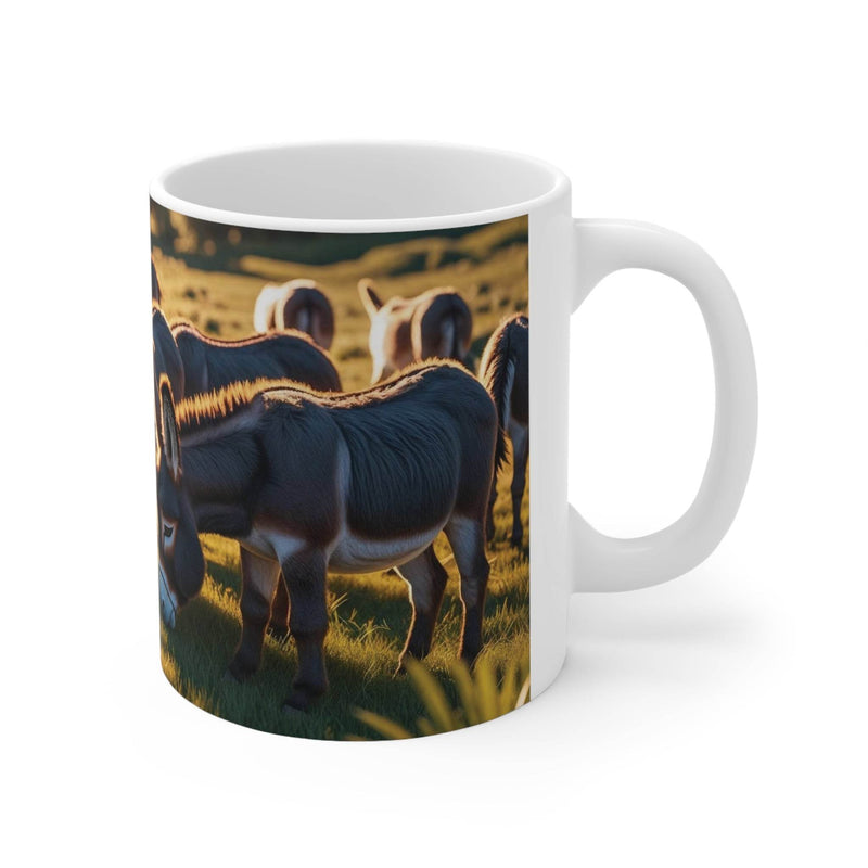 Hochwertiger 325ml Kaffeebecher aus robustem Keramikmaterial mit praktischem Henkel und einer kunstvollen Esel-Illustration.