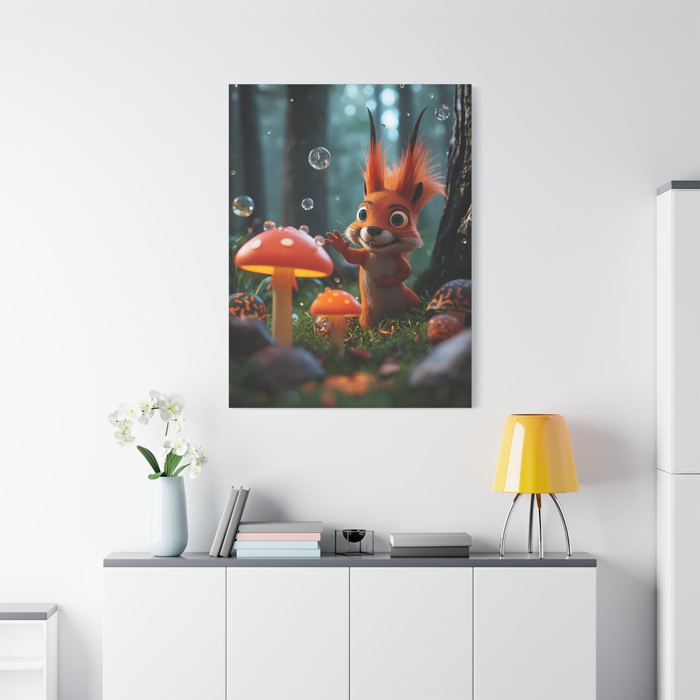 Niedliches Eichhörnchen & Pilz-Leinwandbild – Verspielte Wald-Wandkunst fürs Kinderzimmer