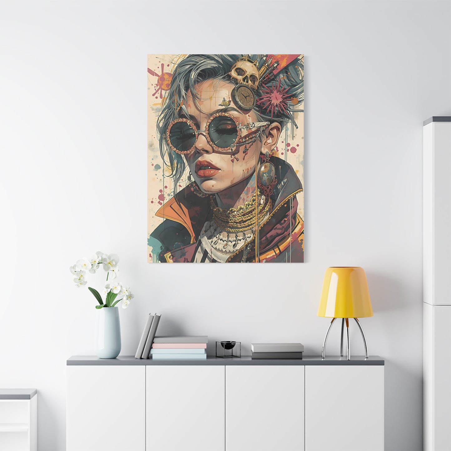 Steampunk Portrait Matte Canvas Art – Edgy Sunglassed Woman Wall Decor