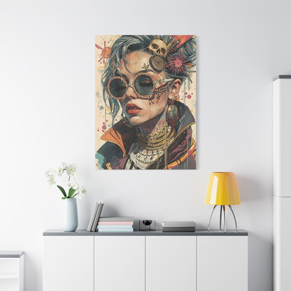 Steampunk Portrait Matte Canvas Art – Edgy Sunglassed Woman Wall Decor