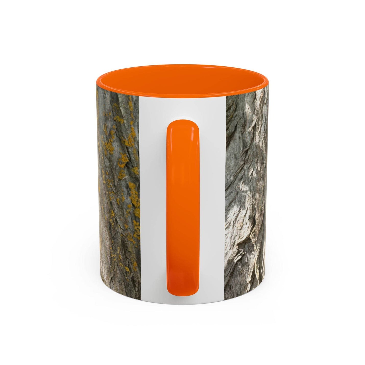 Earthy 11oz Coffee Mug - Tree Trunk Design by a window, showcasing its orange handle and orange inside.
