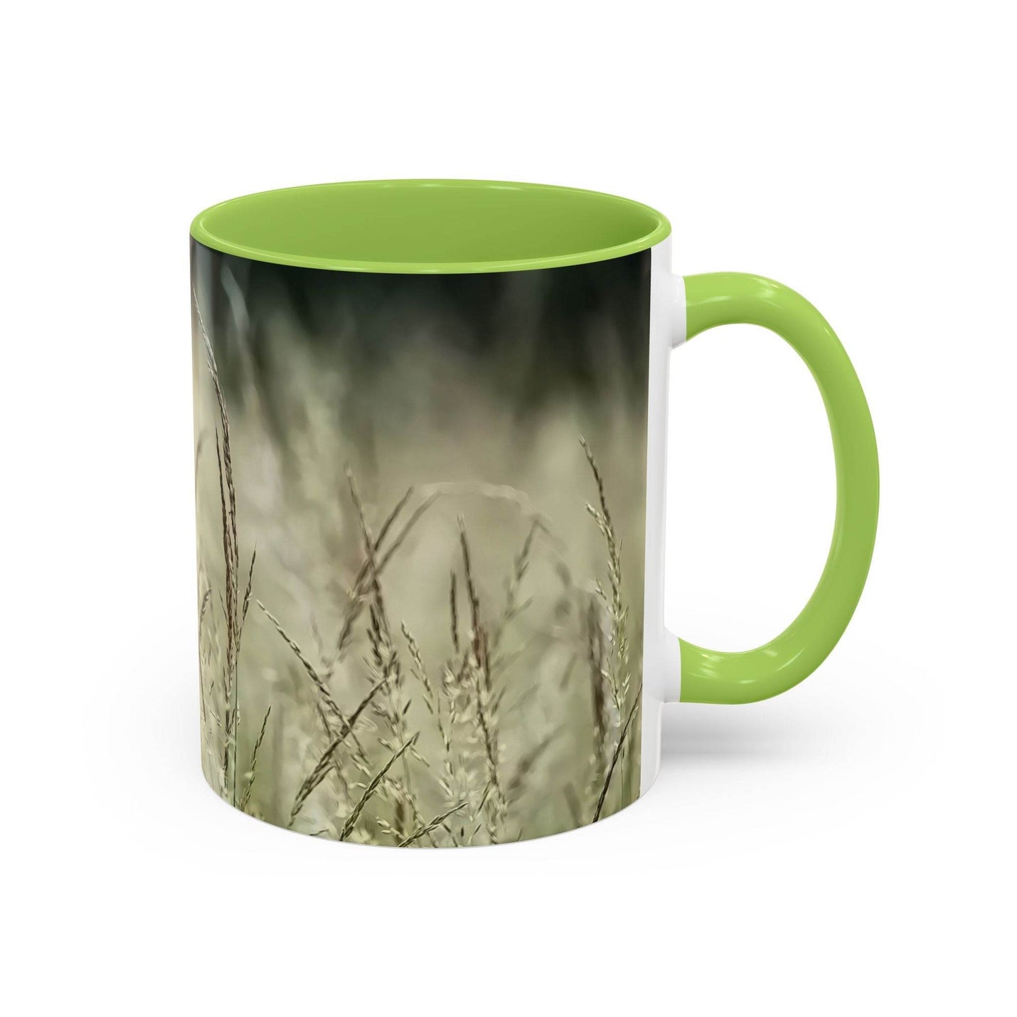 Ruhiger 325ml Keramik-Becher mit blühendem Gras, ideales Geschenk mit einem hellgrünen Henkel und hellgrüner Innenseite.