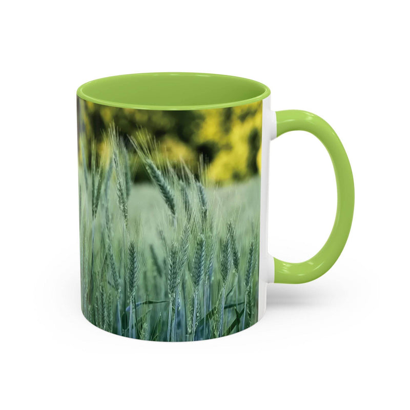 Beruhigender 325ml Weizenfeld Keramik-Becher, ideales Geschenk mit einem ruhigen hellgrünen Henkel und hellgrüner Innenseite.