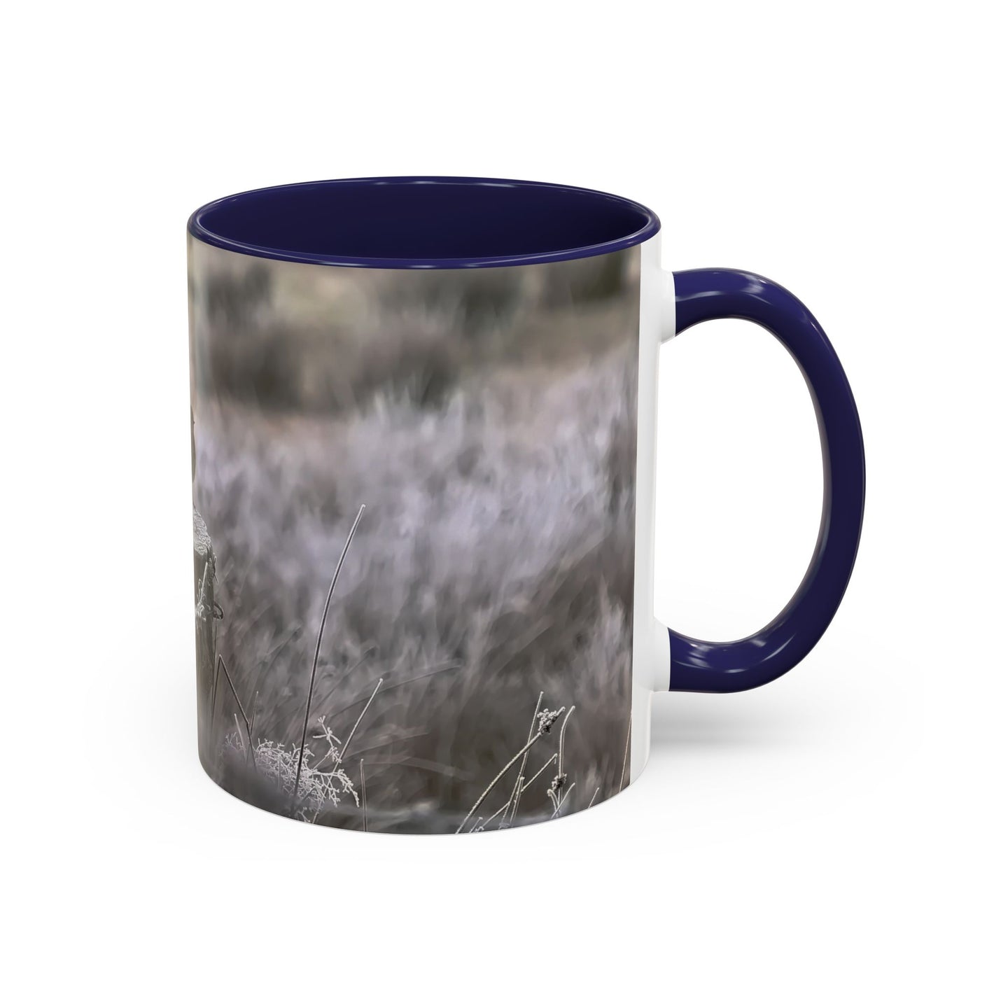 Robin nature print on an 11oz mug with a Navy handle and interior.