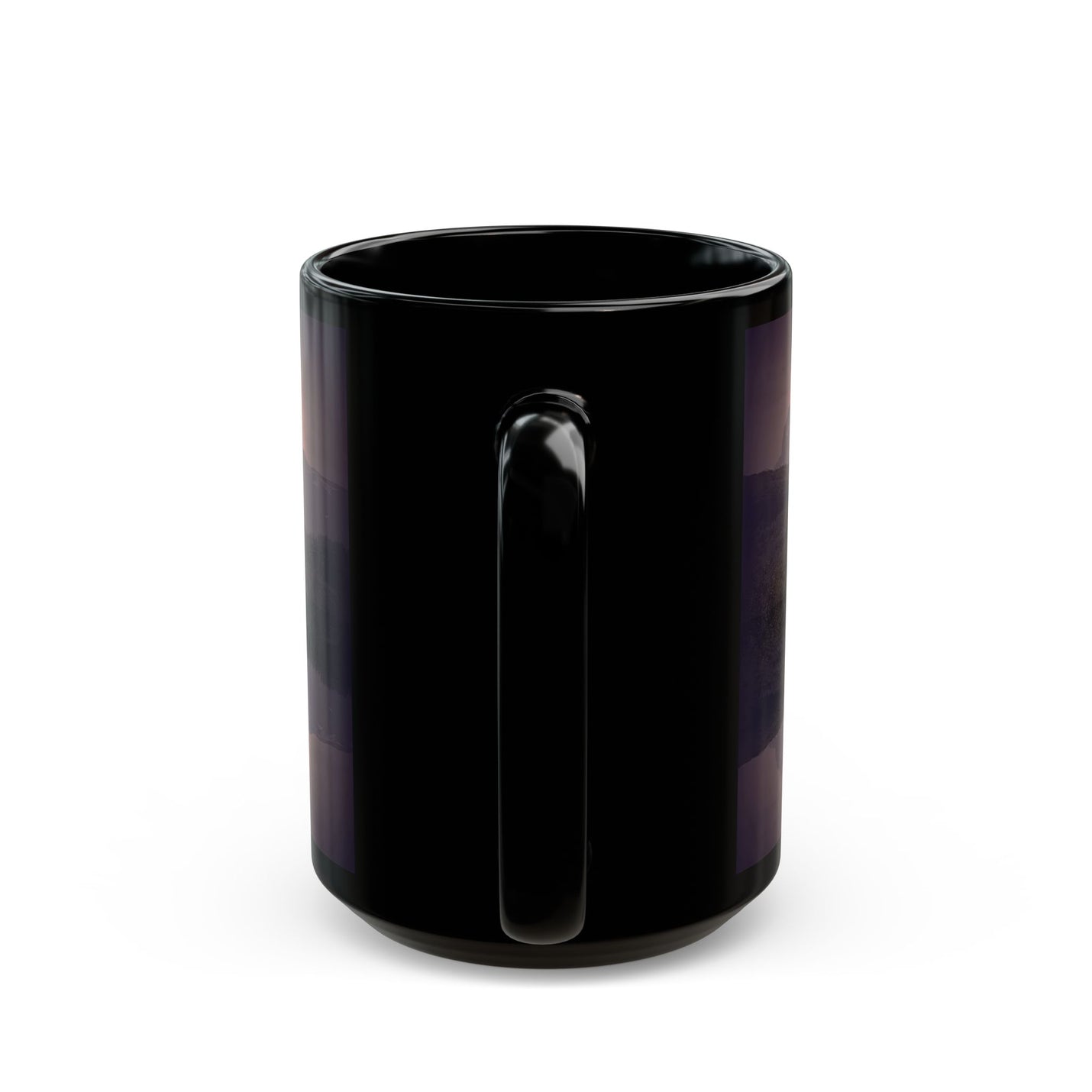 Glossy 15oz Mountain Reflection Black Mug — Scenic Sunset Lake Coffee Mug on a tray ready for hot coffee or tea.