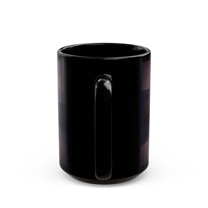 Glossy 15oz Mountain Reflection Black Mug — Scenic Sunset Lake Coffee Mug on a tray ready for hot coffee or tea.