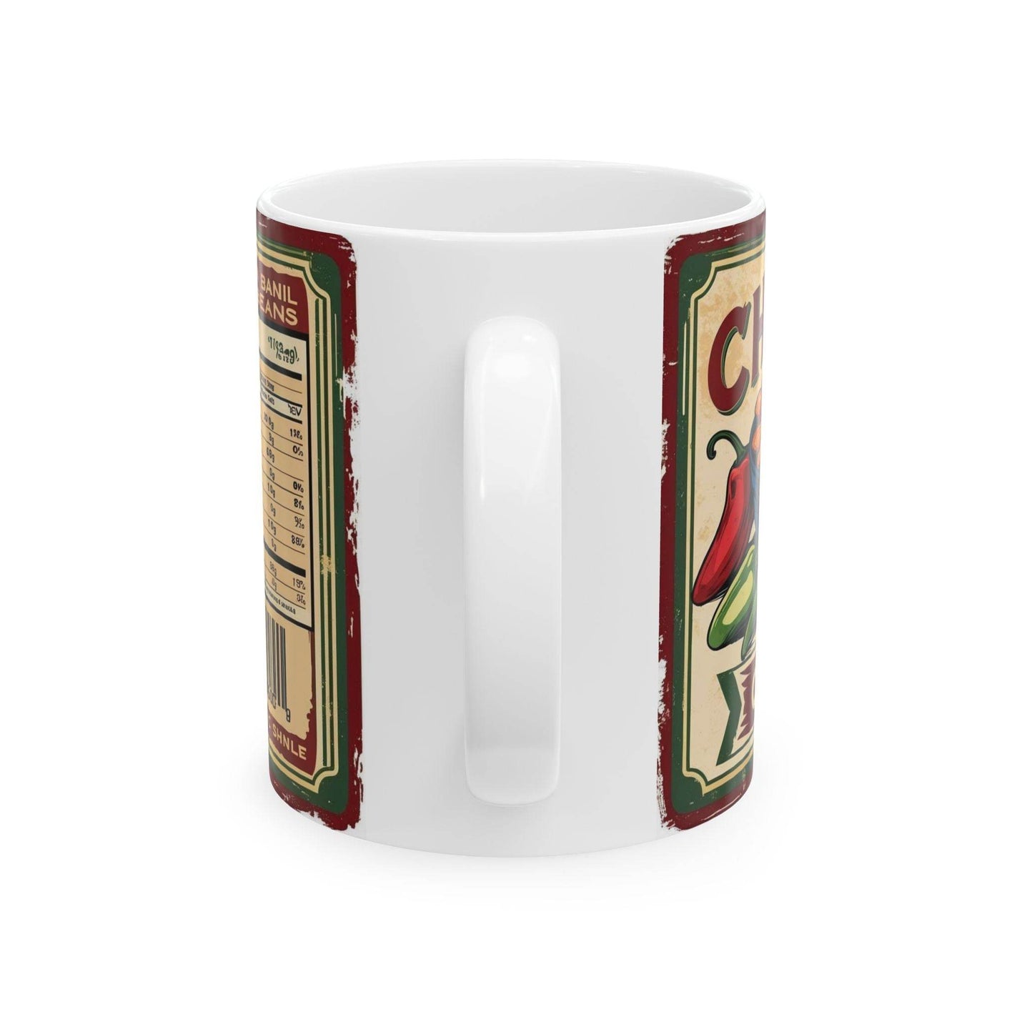 Cozy morning view of 11oz Mug Can of Chili Beans Ceramic Coffee Mug near a sunlit room window for a coffee break.
