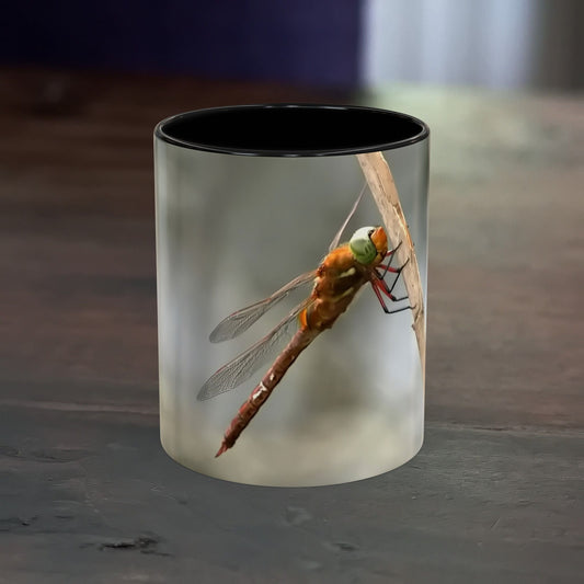 White ceramic mug with pretty dragonfly design, 11oz, ideal for coffee and tea.